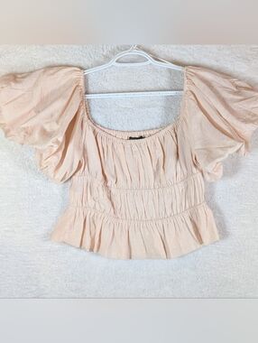 367-Cotton Candy Peach Puff-Sleeve Smocked Peasant Top